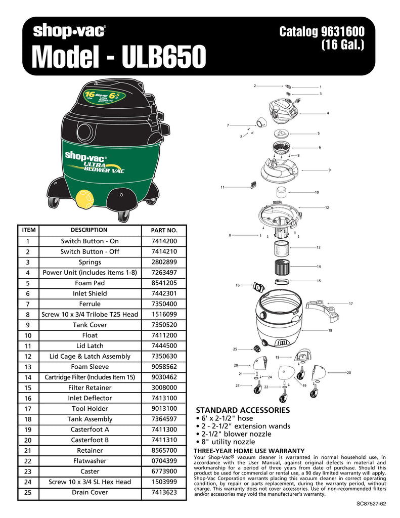 Shop-Vac Parts List for ULB650 Models (16 Gallon* Green / Black Blower Vac)