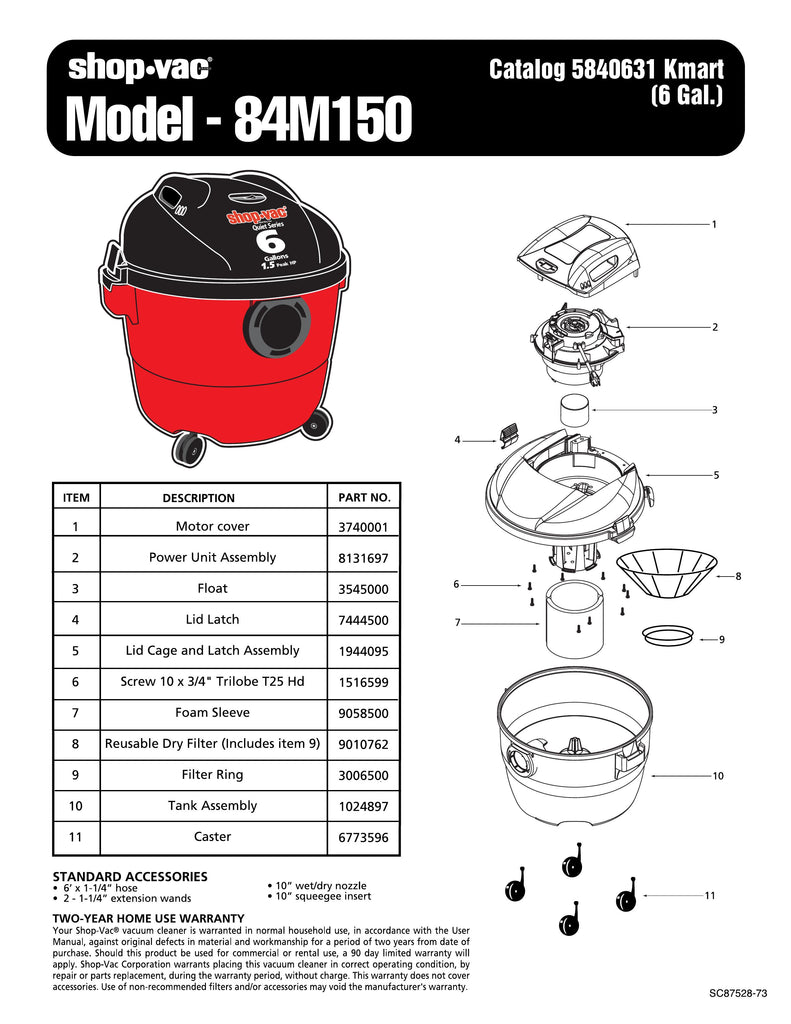 Shop-Vac Parts List for 84M150 Models (6 Gallon* Red / Black Vac)