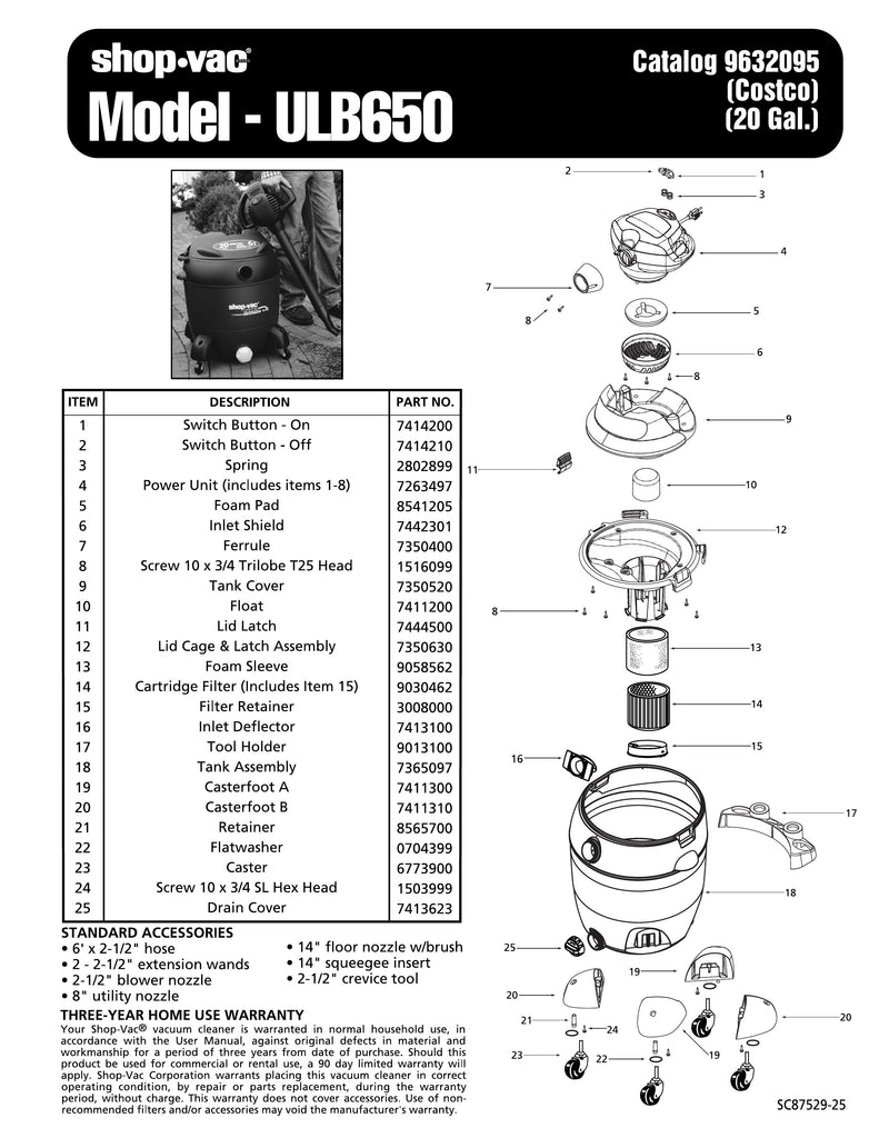 Shop-Vac Parts List for ULB650 Models (20 Gallon* Green / Black Blower Vac)