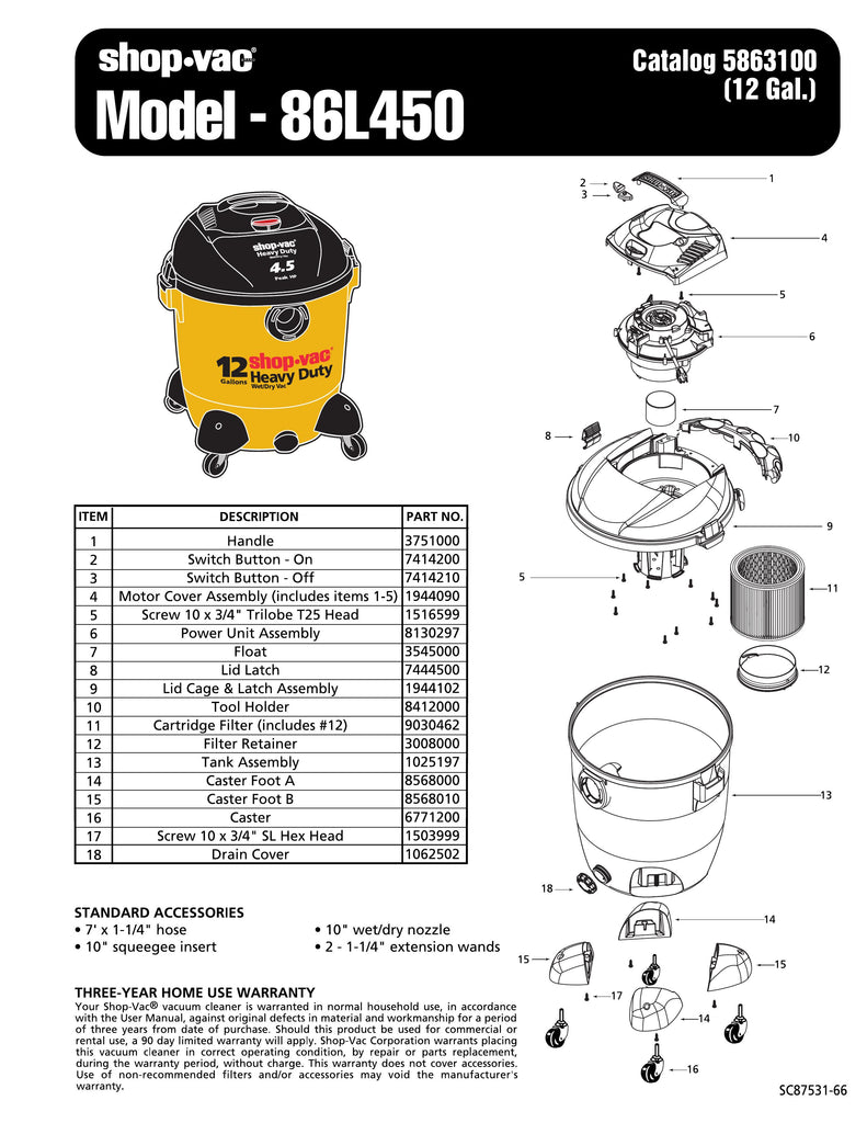 Shop-Vac Parts List for 86L450 Models (12 Gallon* Yellow / Black Vac)