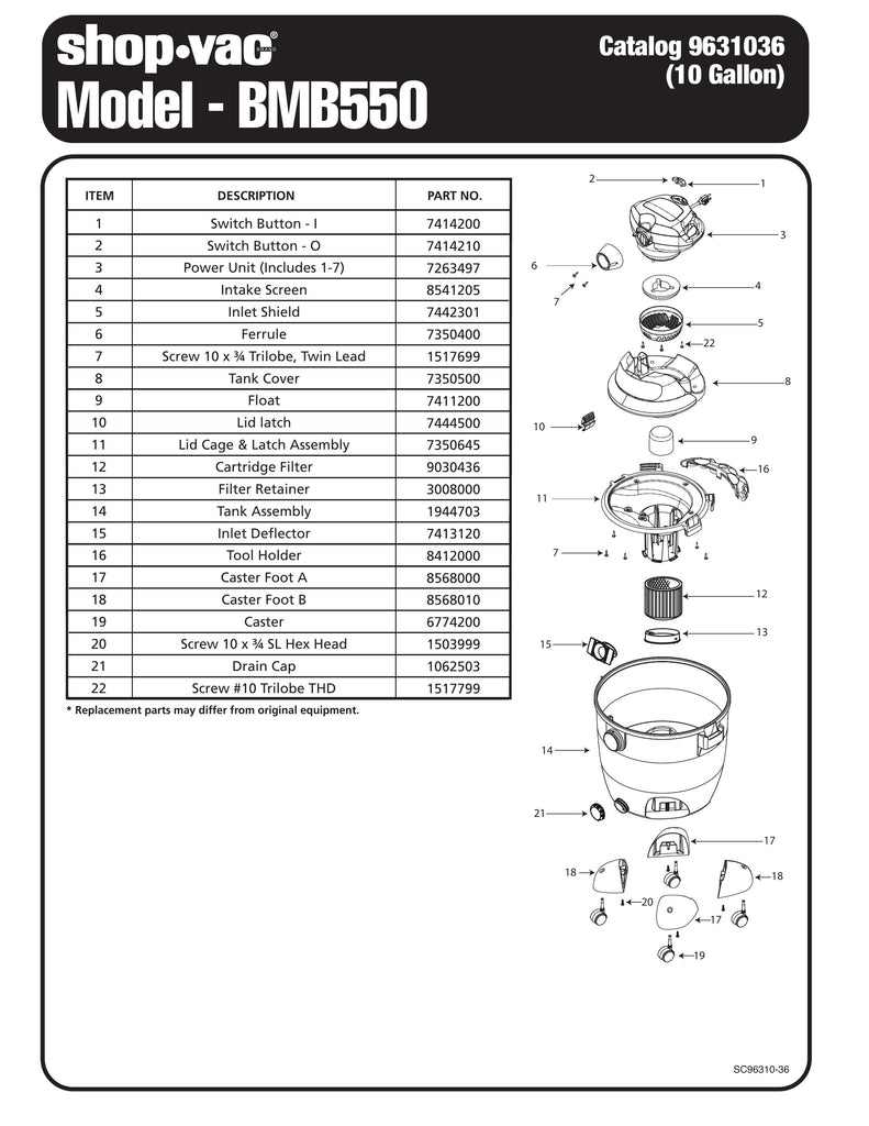 Shop-Vac Parts List for BMB550 Models (10 Gallon* Green / Black Blower Vac)