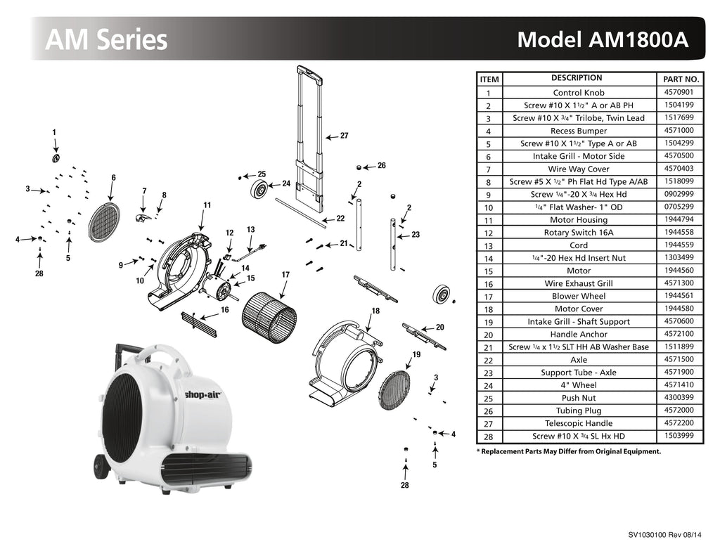 Shop-Vac Parts List for AM1800A Models (1800 Max. CFM Yellow Air Mover)