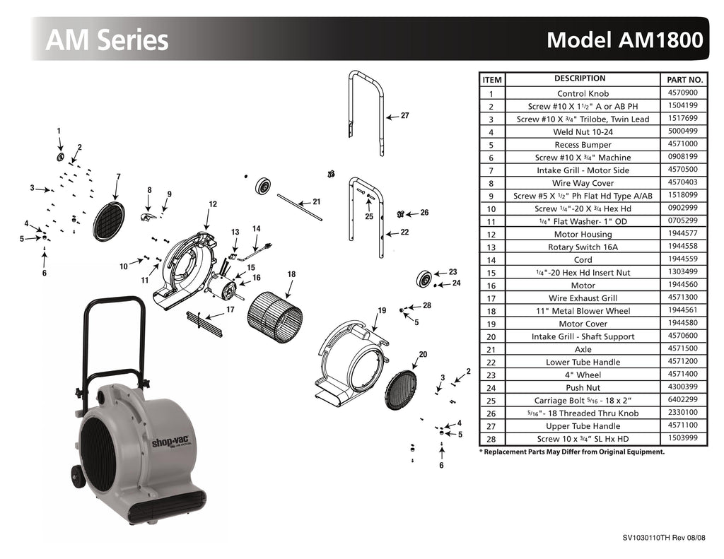 Shop-Vac Parts List for AM1800A Models (1800 Max. CFM Air Mover with 2 Piece Handle)