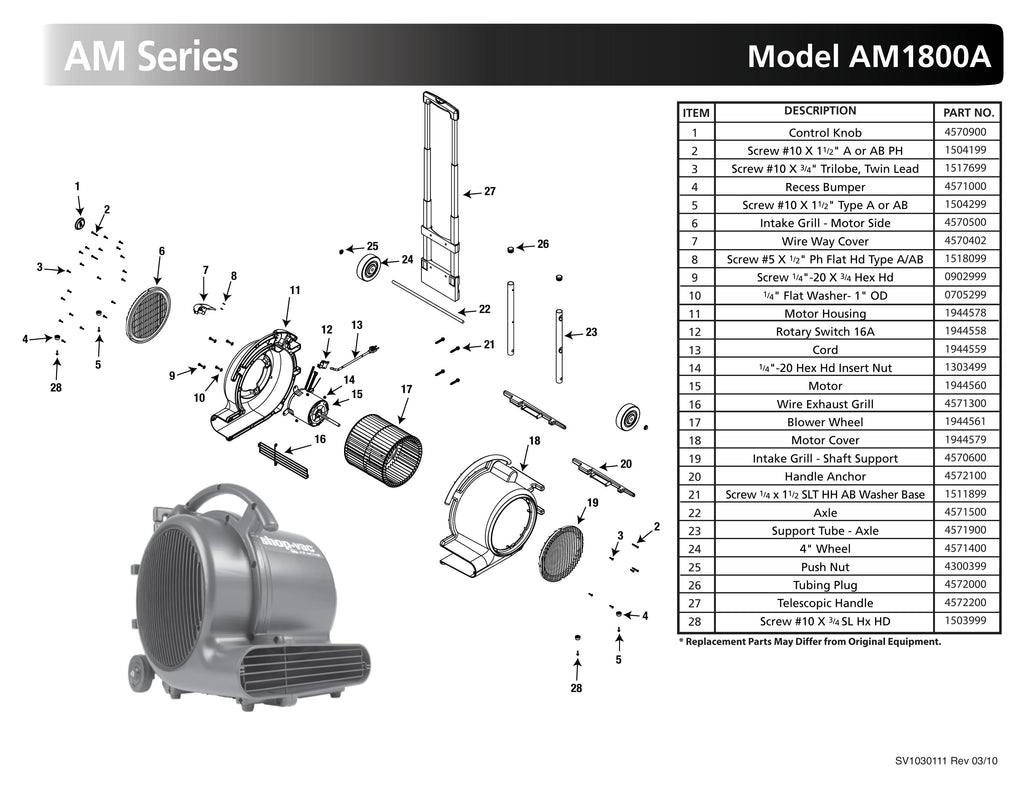 Shop-Vac Parts List for AM1800A Models (1800 Max. CFM Blue Air Mover)
