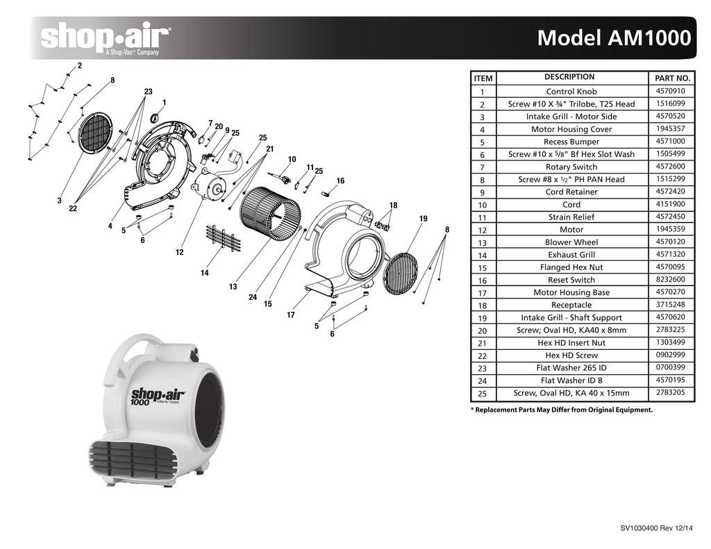 Shop-Vac Parts List for AM1000 Models (Shop-Air 1000 Max. CFM Air Mover)