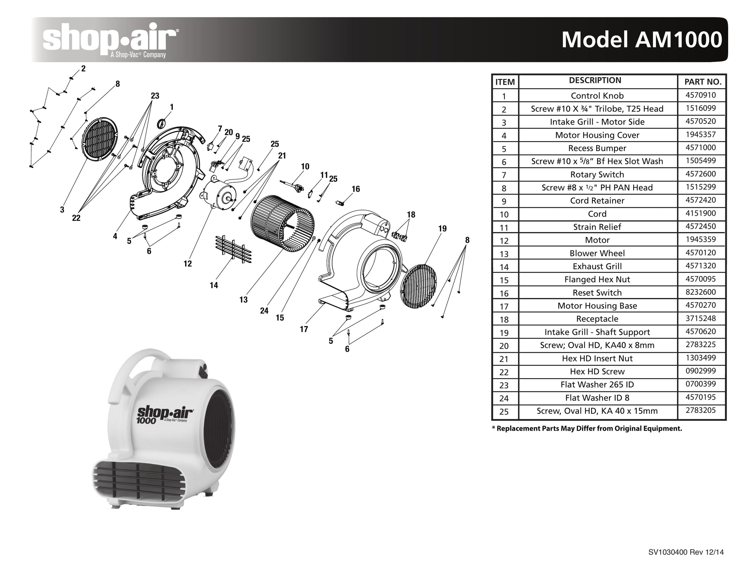 hauck blower parts Shop-Vac Parts List for AM1000 Models (Shop-Air 1000 Max. CFM Air Move