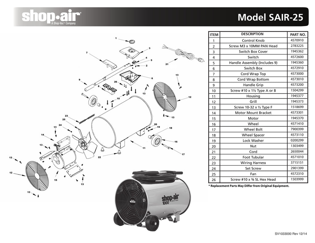 Shop-Vac Parts List for SAIR-25 Models (Shop-Air 1000 Max. CFM Air Circulator)