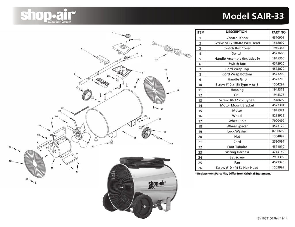 Shop-Vac Parts List for SAIR-33 Models (Shop-Air 2000 Max. CFM Air Circulator)