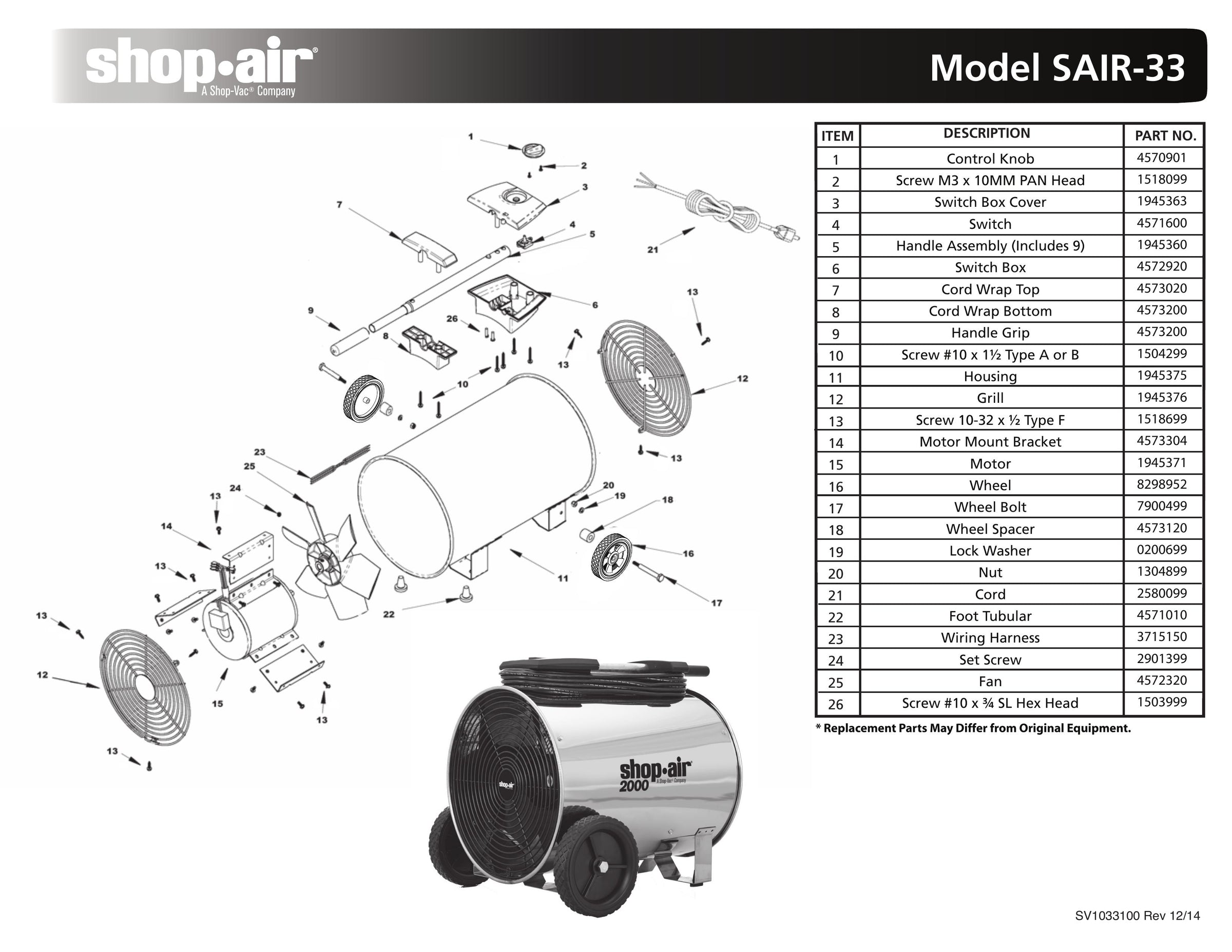 ☆3275☆SHOPプロフ確認！！！ Shop-Vac Parts List for SAIR-33 Models (Shop-Air 2000 Max. CFM Air