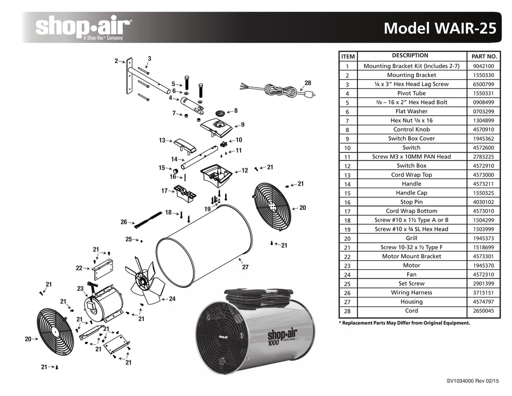 Shop-Vac Parts List for WAIR-25 Models (2000 Max. CFM Air Circulator)