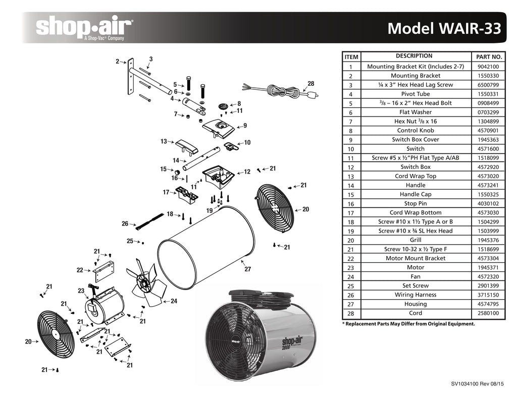 Shop-Vac Parts List for WAIR-33 Models (2000 Max. CFM Air Circulator)