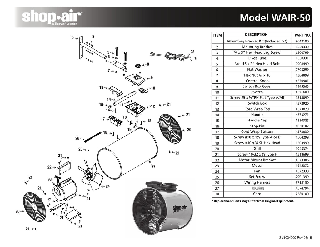 Shop-Vac Parts List for WAIR-50 Models (3000 Max. CFM Air Circulator)