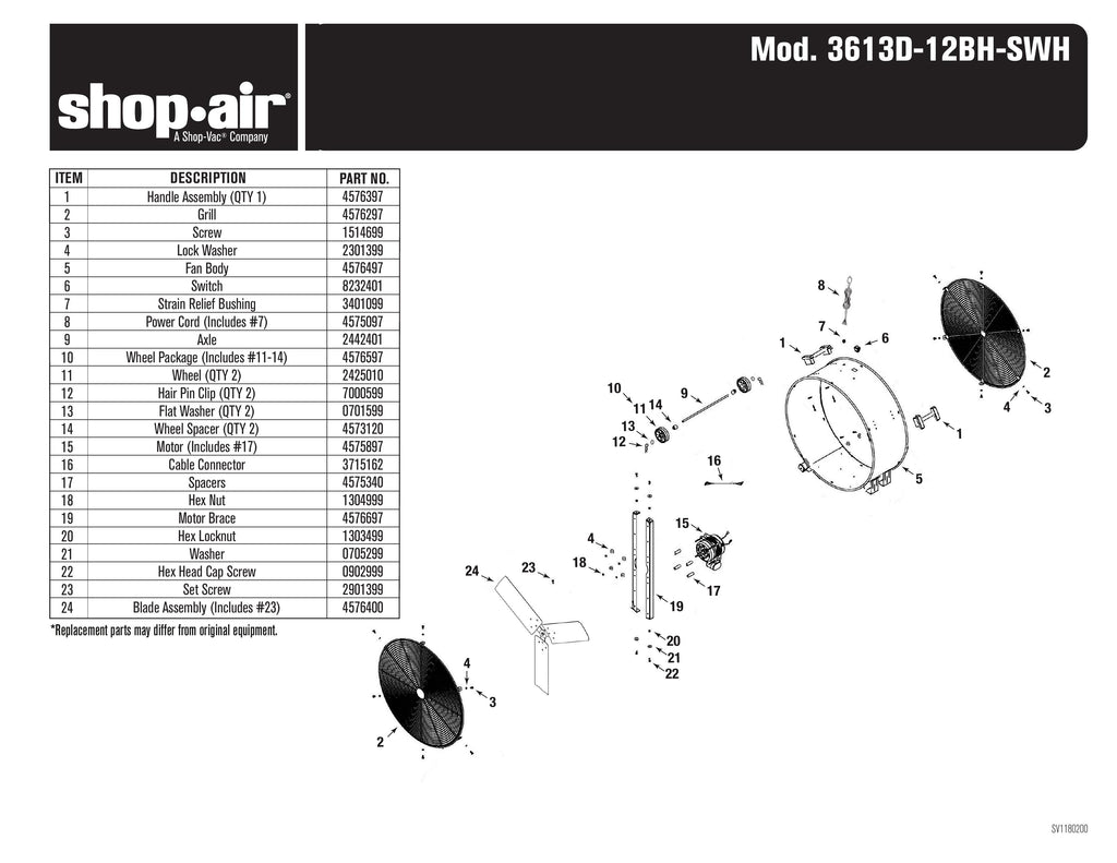 Shop-Vac Parts List for 3613D-12BH Models (36-Inch Dia. Stainless Steel Drum Fan - Direct Drive)