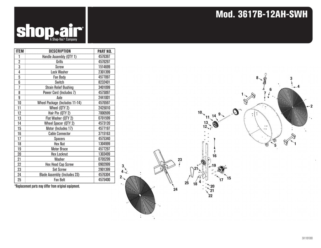Shop-Vac Parts List for 3617B-12AH Models (36-Inch Dia. Stainless Steel Drum Fan - Belt Drive)