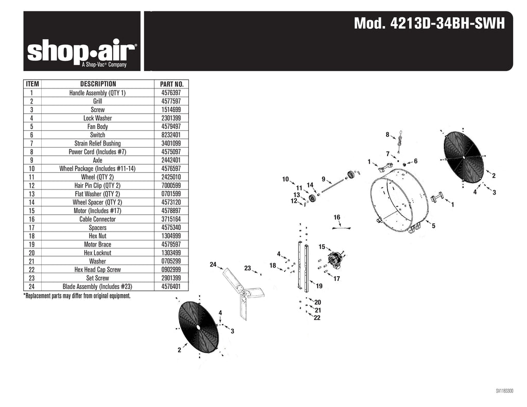 Shop-Vac Parts List for 4213D-34BH Models (42-Inch Dia. Stainless Steel Drum Fan - Direct Drive)