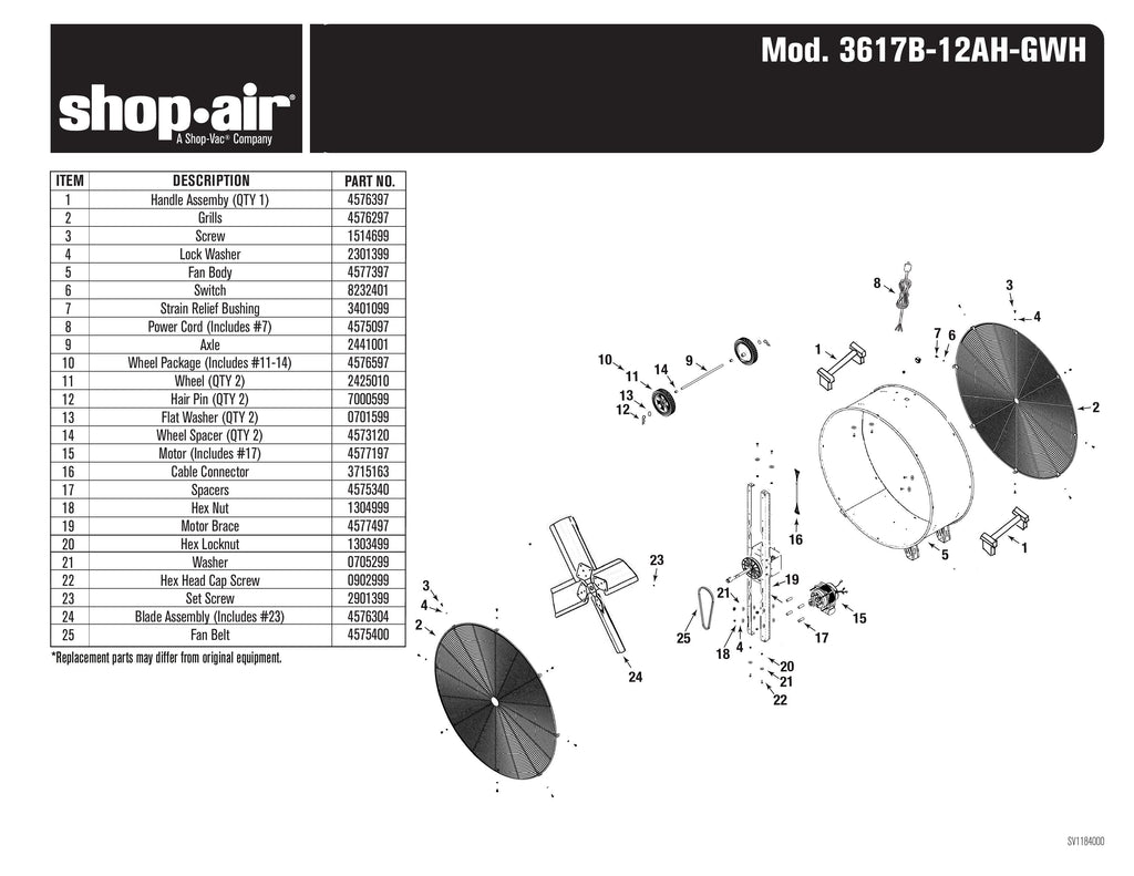 Shop-Vac Parts List for 3617B-12AH Models (36-Inch Dia. Galvanized Steel Drum Fan - Belt Drive)