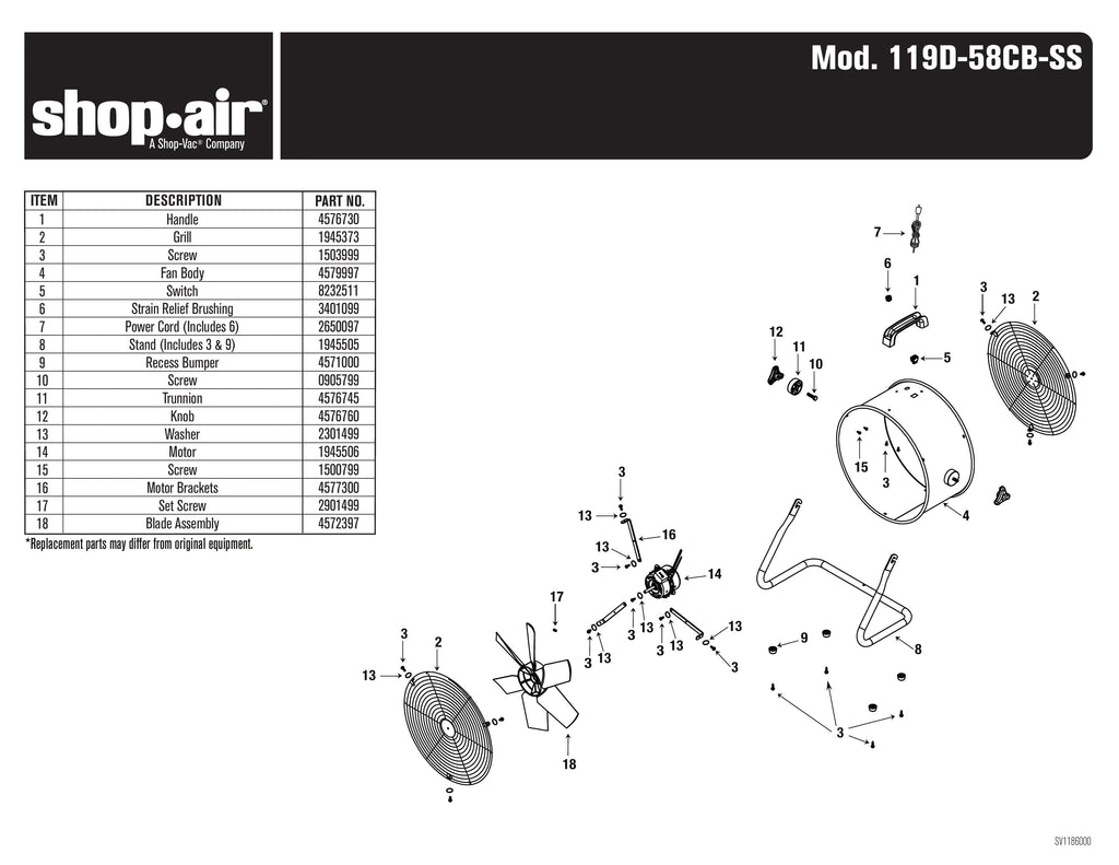 Shop-Vac Parts List for 119D-58CB Models (Shop-Air 11 inch Direct Drive Stainless Steel Floor Fan)