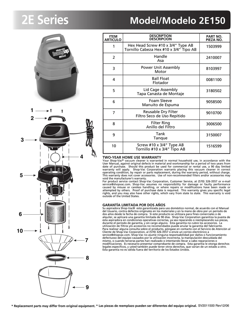 ShopVac Parts List for 2E150 Models (1 Gallon* HangUp Mini® Vac