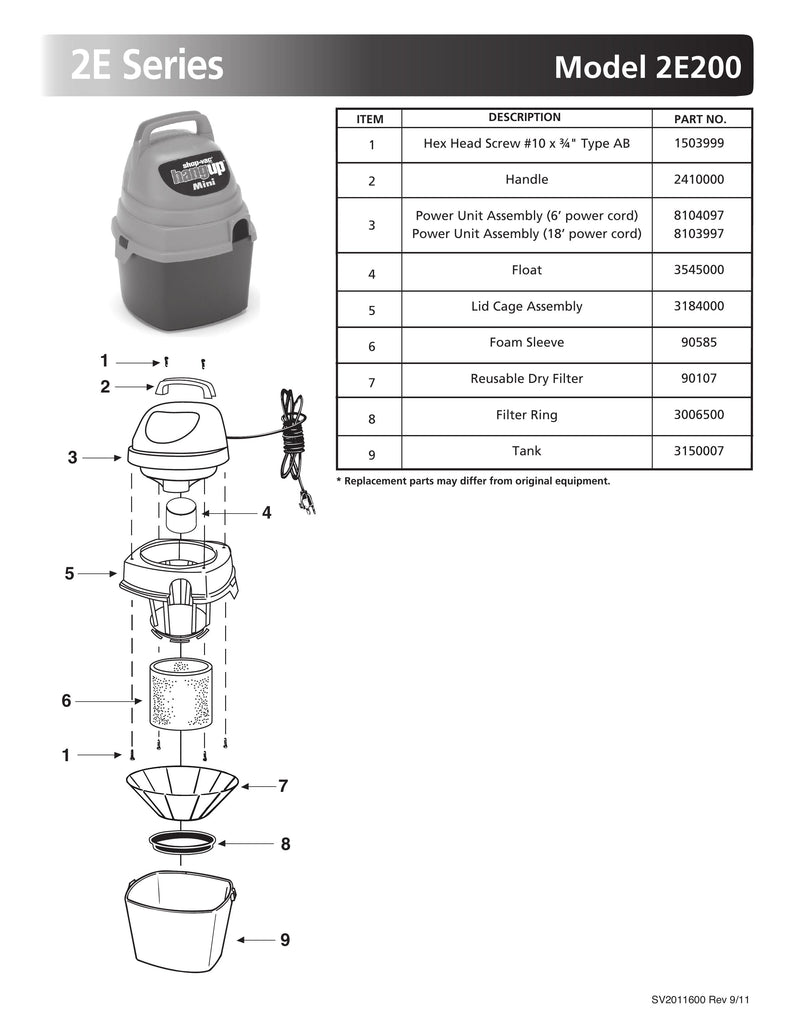 Shop-Vac Parts List for 2E200 Models (1 Gallon* HangUp Mini® Vac)