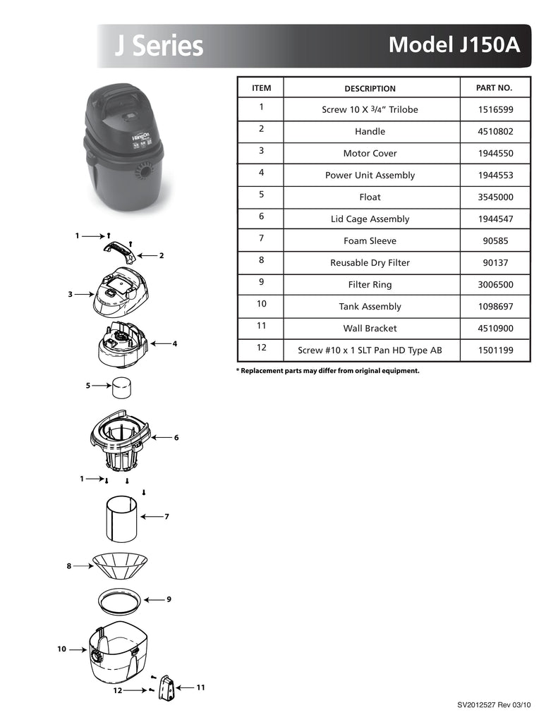 Shop-Vac Parts List for J150A Models (1.5 Gallon* Red / Black HangOn® Vac)