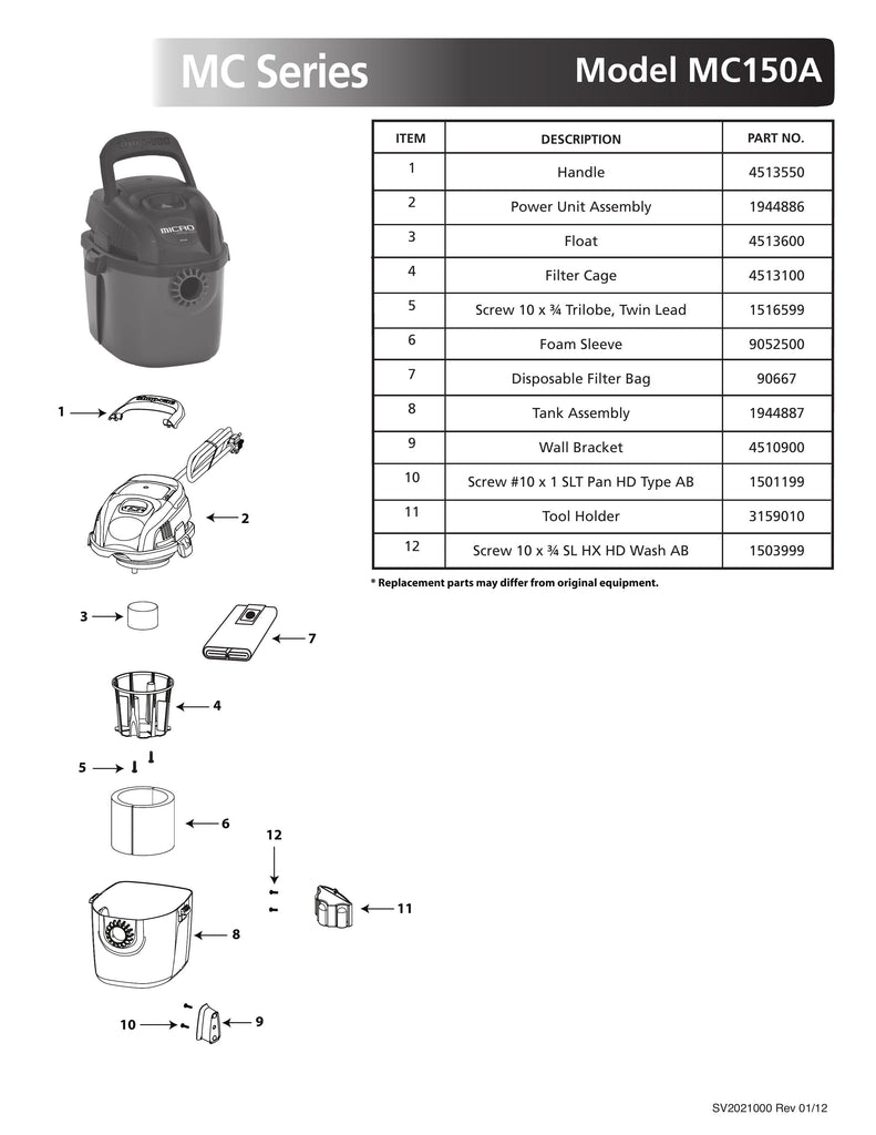 Shop-Vac Parts List for MC150A Models (1 Gallon* Red / Black Micro® Vac)