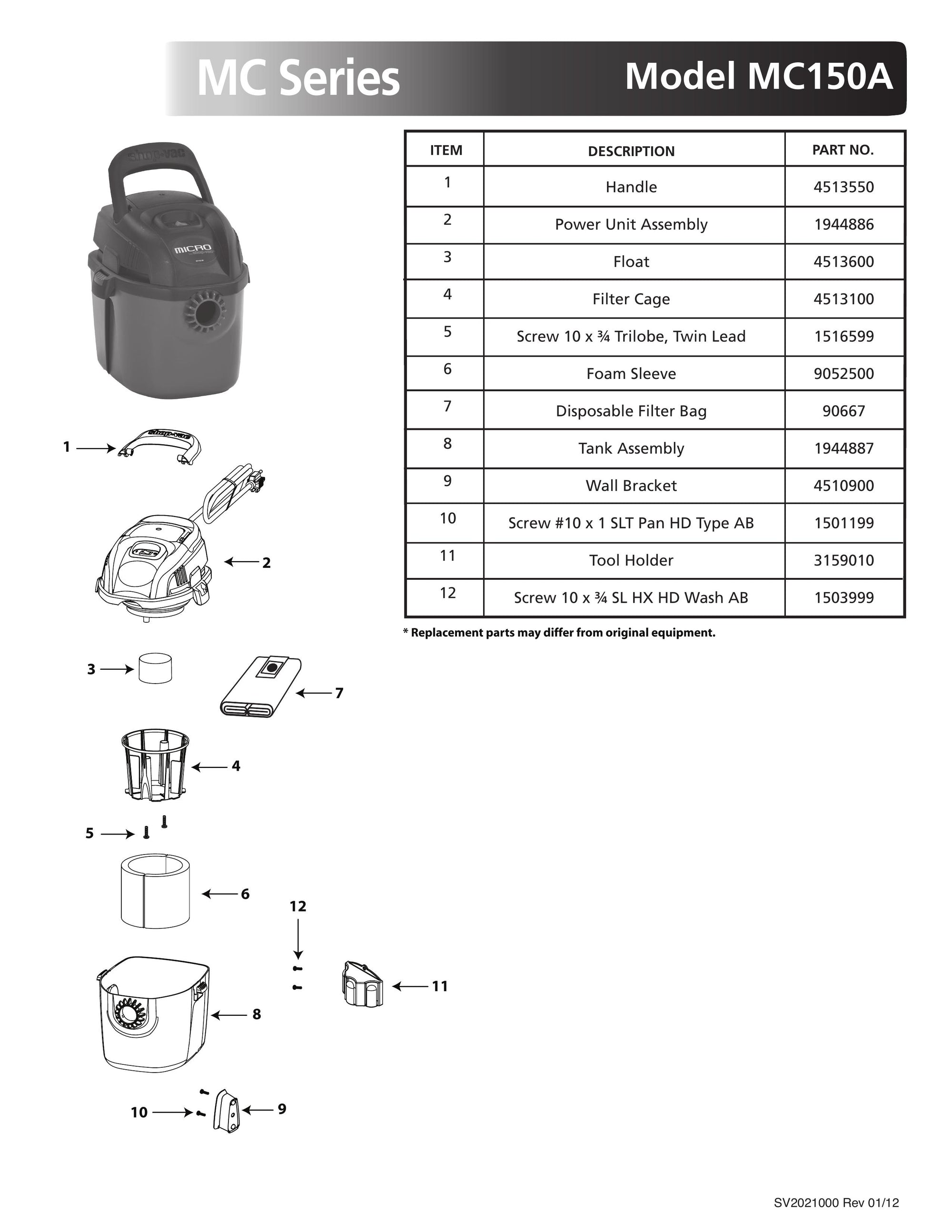ShopVac Parts List for MC150A Models (1 Gallon* Red / Black Micro® Va