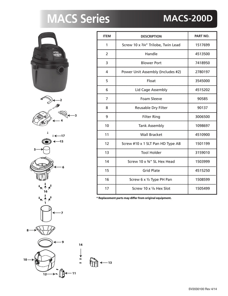 Shop-Vac Parts List for MACS-200D Models (1.5 Gallon* Red / Black HangOn Vac)