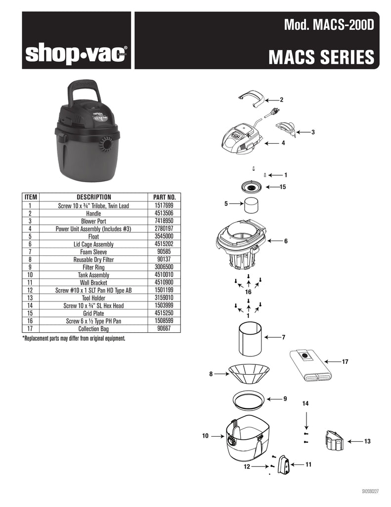 Shop-Vac Parts List for MACS-200D Models (1.5 Gallon* Black Vac w/ Red Handle)