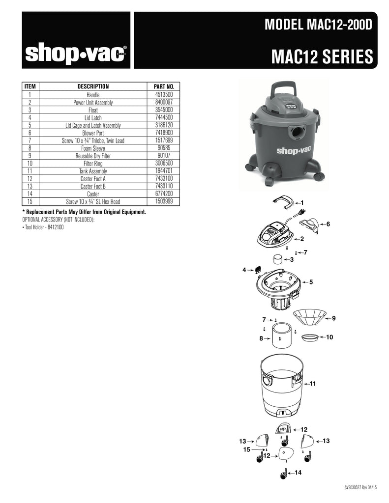 Shop-Vac Parts List for MAC12-200D Models (5 Gallon* Black / Red Vac)