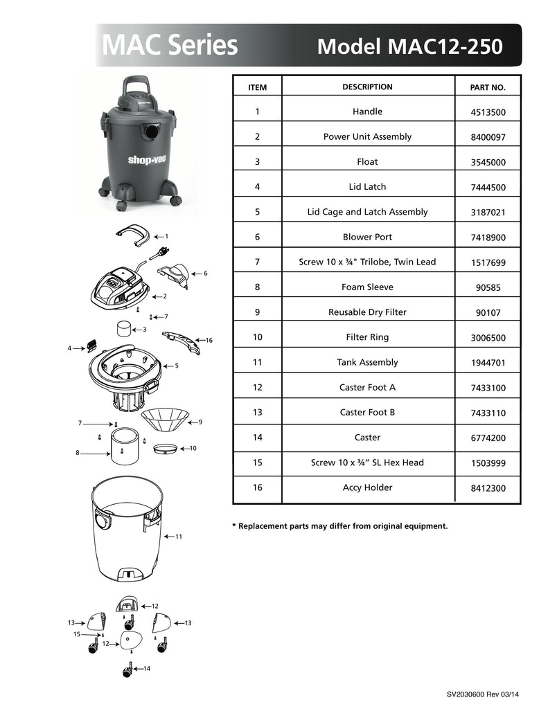 Shop-Vac Parts List for MAC12-250 Models (6 Gallon* Black Vac)