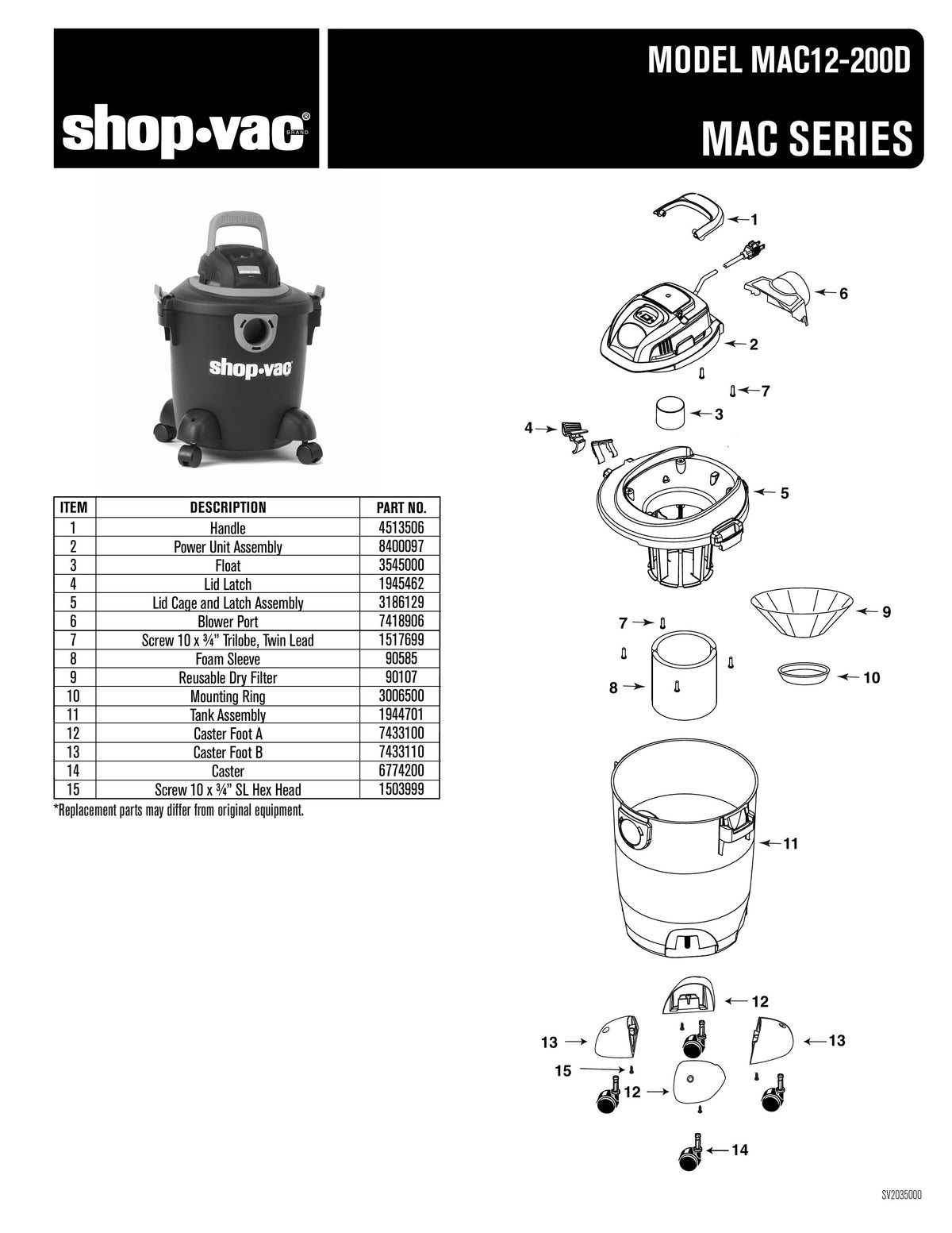 ShopVac Parts List for MAC12200D Models (5 Gallon* Black Vac w/ Red