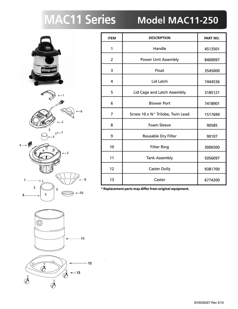 Shop-Vac Parts List for MAC11-250 Models (5 Gallon* Red/ Black Stainless Steel Vac)