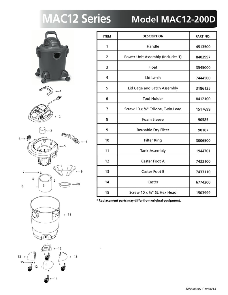 Shop-Vac Parts List for MAC12-200D Models (5 Gallon* Black Vac)