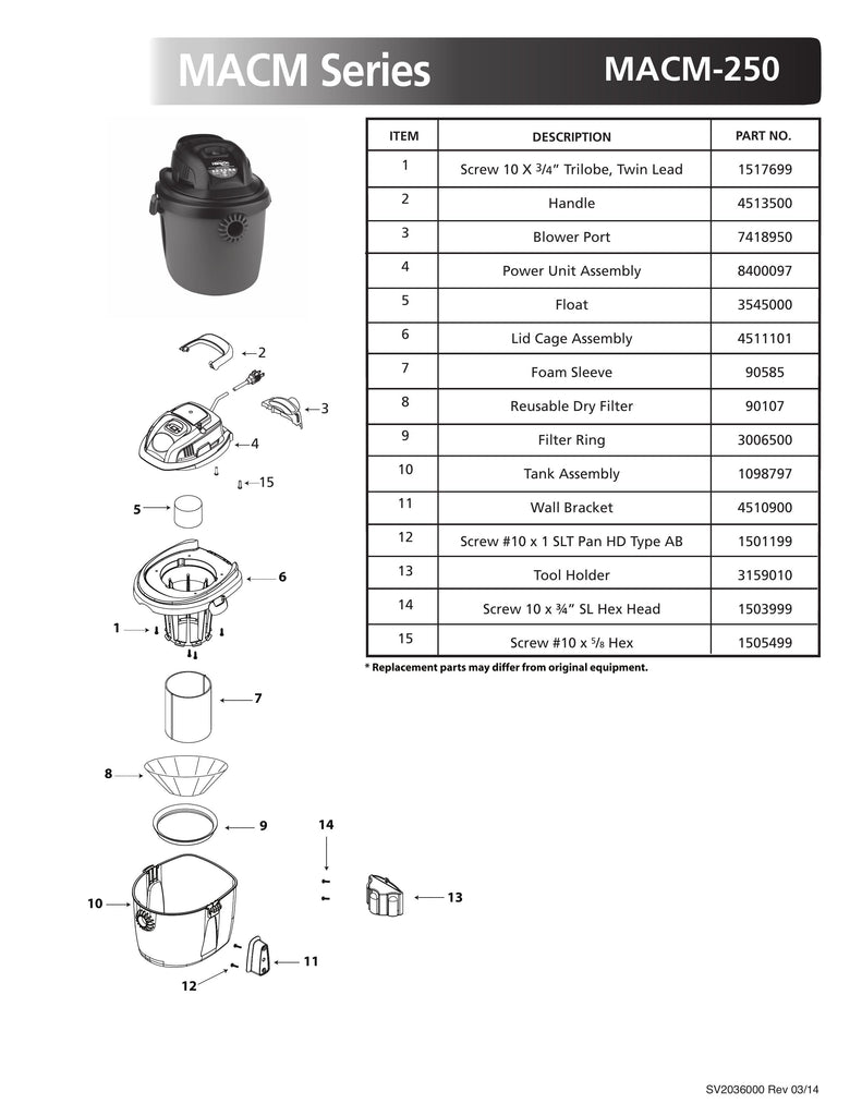 Shop-Vac Parts List for MACM-250 Models (2.5 Gallon* Red / Black HangOn® Vac)