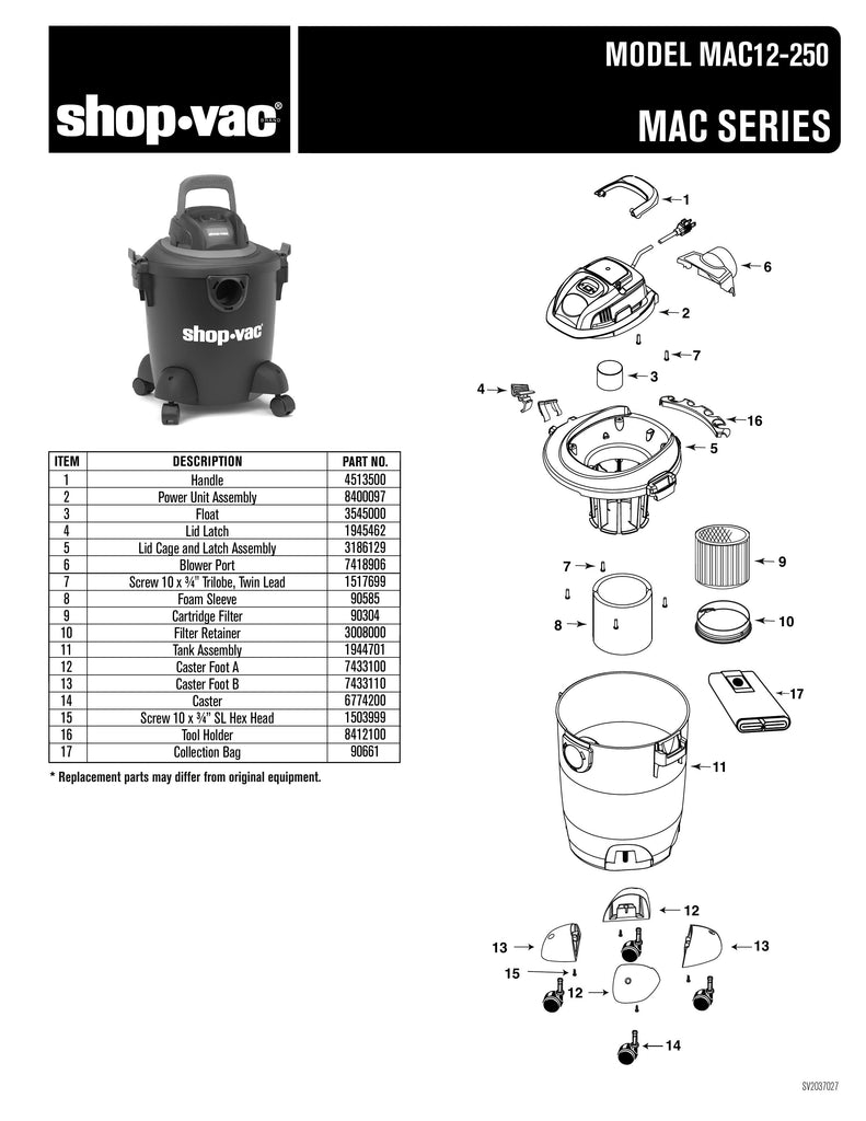 Shop-Vac Parts List for MAC12-250 Models (5 Gallon* Black / Red Vac)