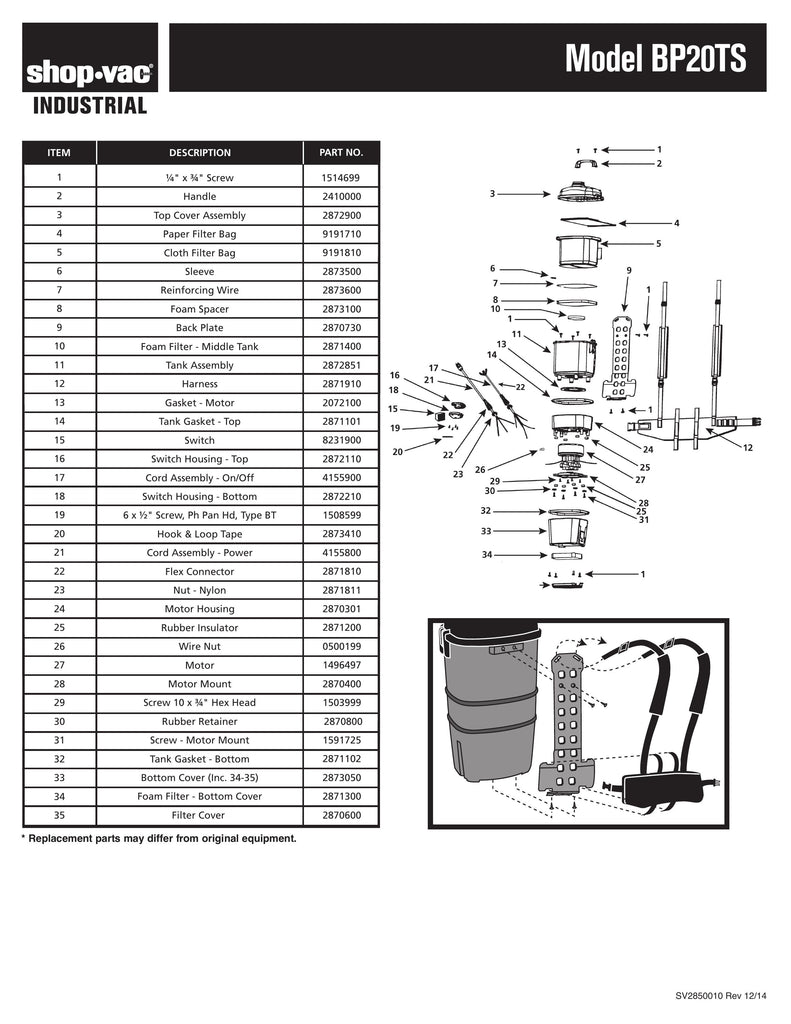 Shop-Vac Parts List for BP20TS Models (Two-Stage Backpack Vac)