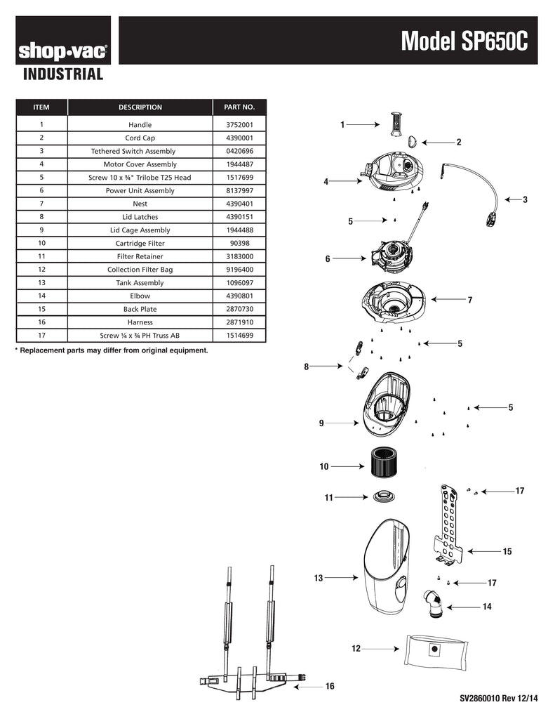 Shop-Vac Parts List for SP650C Models (Single Stage Industrial Backpack Vac)