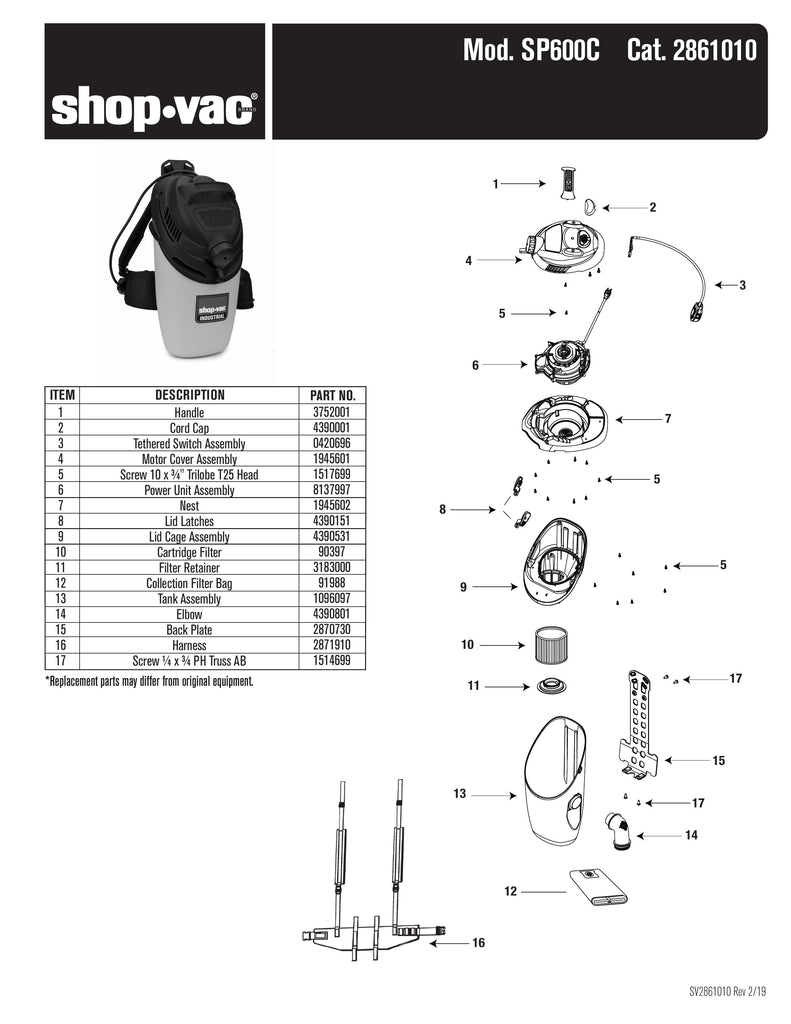 Shop-Vac Parts List for SP600C Models (Shop-Vac 4 Gallon* 6.0 Peak HP** Dry Only Backpack Vac)