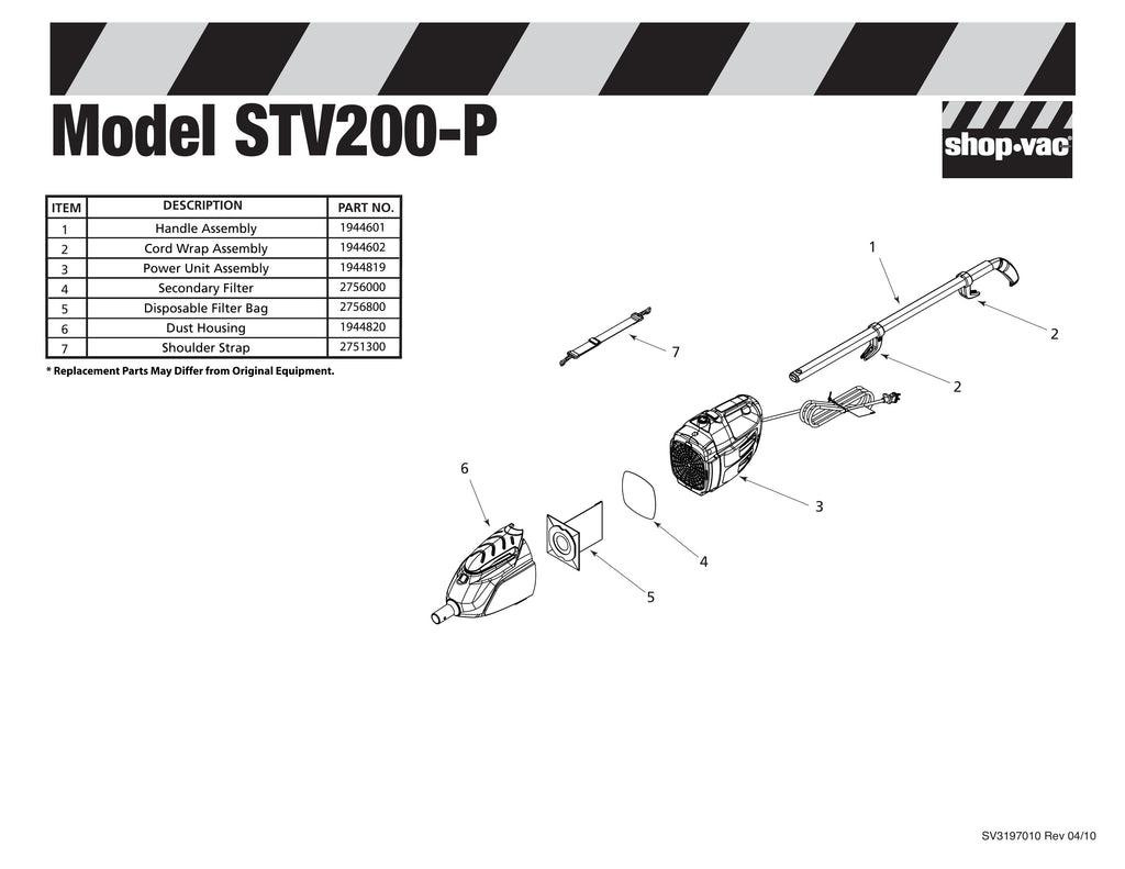 Shop-Vac Parts List for STV200-P Models (Stick Vac)