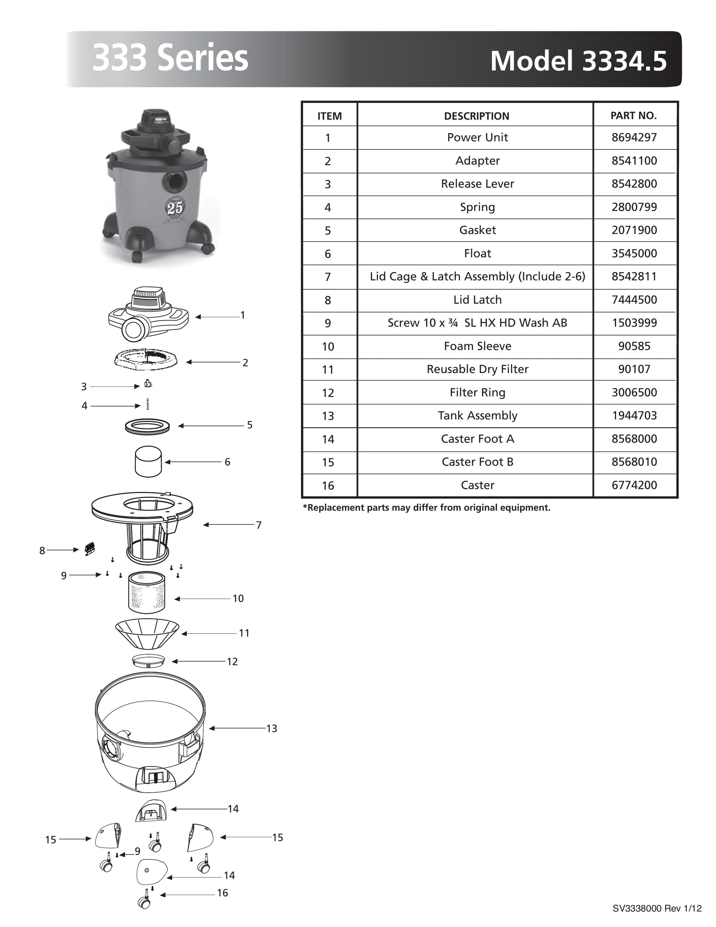 Shop-Vac Parts List for 3334.5 Models (8 Gallon* Orange / Black 