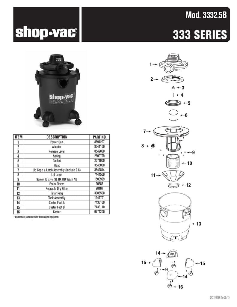 Shop-Vac Parts List for 3332.5B Models (6 Gallon* Green / Black Blower Vac)