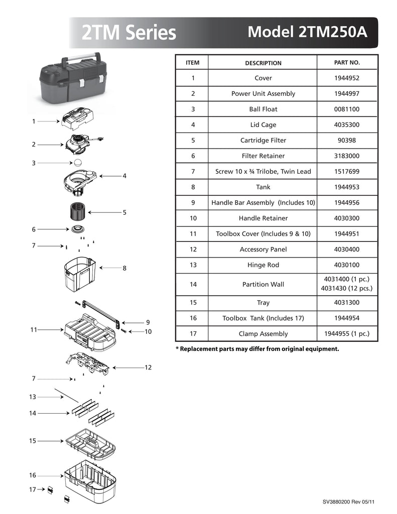 Shop-Vac Parts List for 2TM250A Models (2.5 Gallon* Yellow / Black Toolbox Vac)