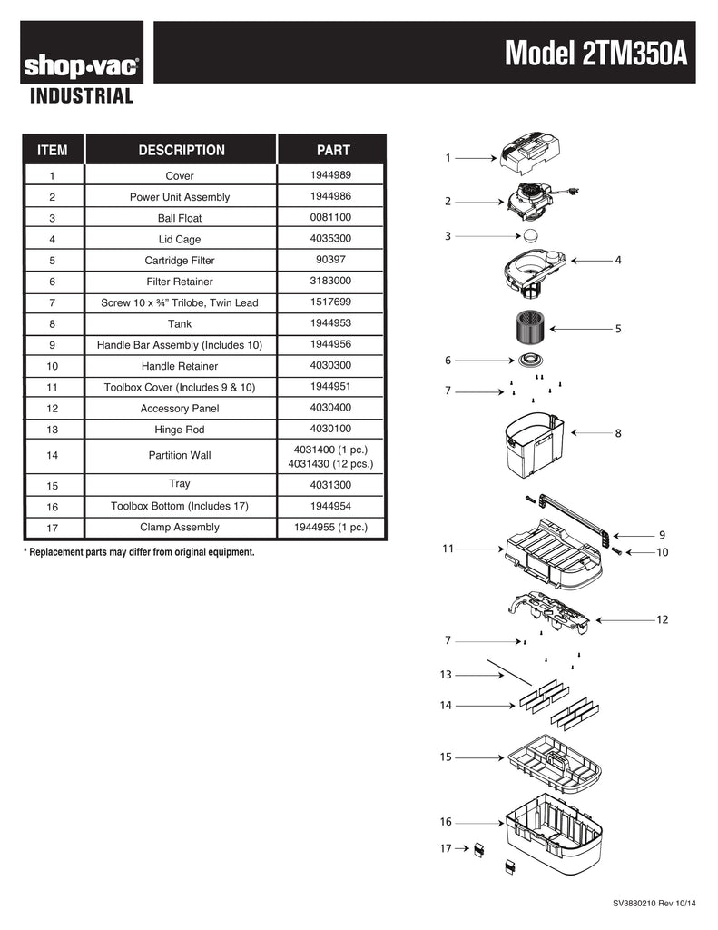 Shop-Vac Parts List for 2TM350A Models (2.5 Gallon* Yellow / Black Toolbox Vac)