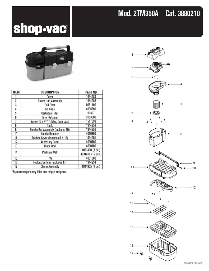 Shop-Vac Parts List for 2TM350A Models (Shop-Vac 2.5 Gallon* 3.5 Peak HP** Contractor Toolbox Wet/Dry Vac)