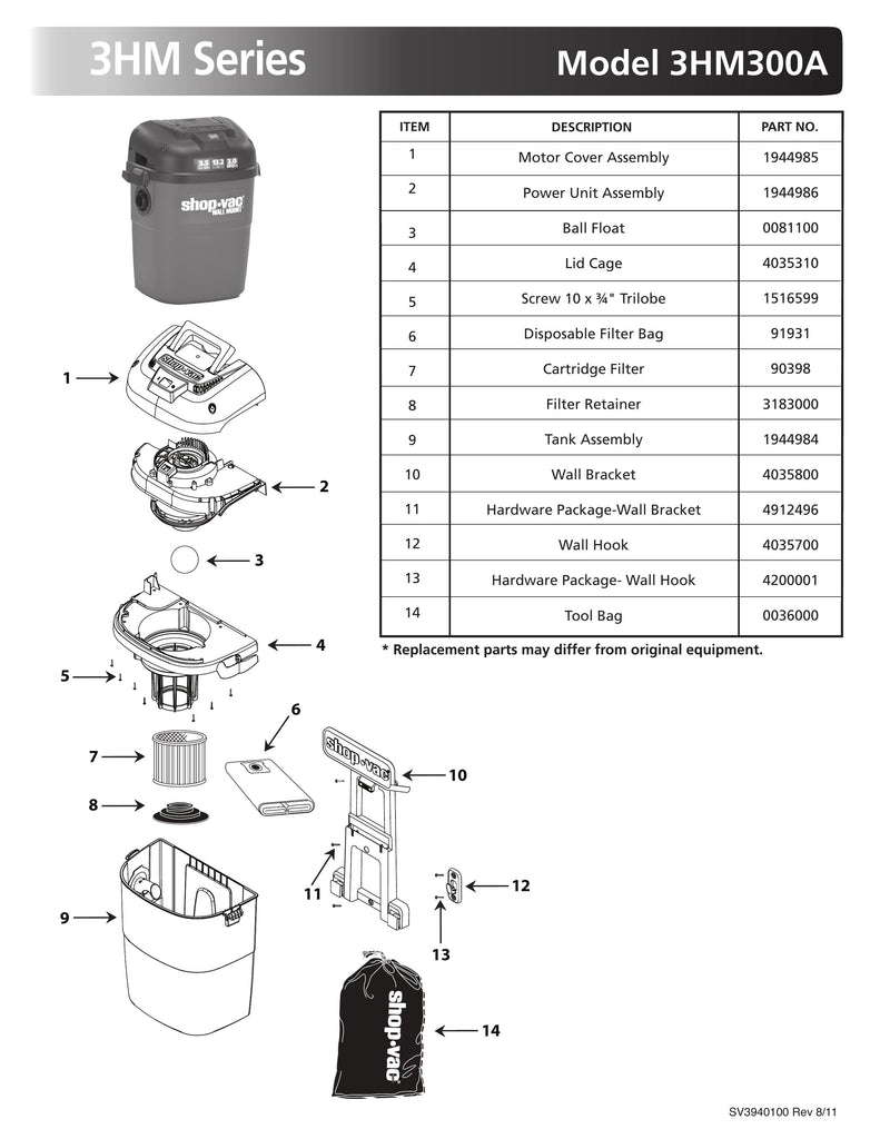 Shop-Vac Parts List for 3HM300A Models (3.5 Gallon* Red / Black Wall Mount Vac)