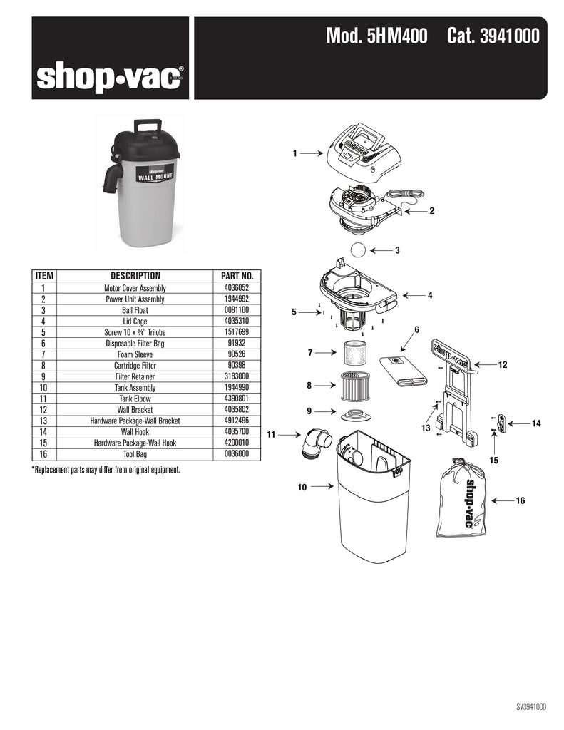 Shop-Vac Parts List for 5HM400 Models (5 Gallon* Gray / Black Wall Mount Vac)