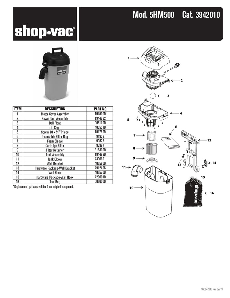 Shop-Vac Parts List for 5HM500 Models (Shop-Vac 5 Gallon* 5.0 Peak HP** Wall Mount Industrial Wet/Dry Vac)