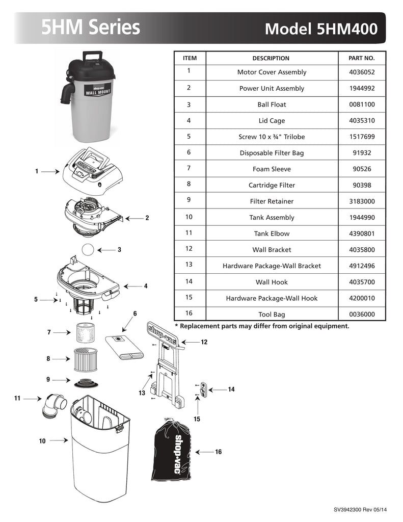 Shop-Vac Parts List for 5HM400 Models (5 Gallon* Yellow / Black Wall Mount Vac)