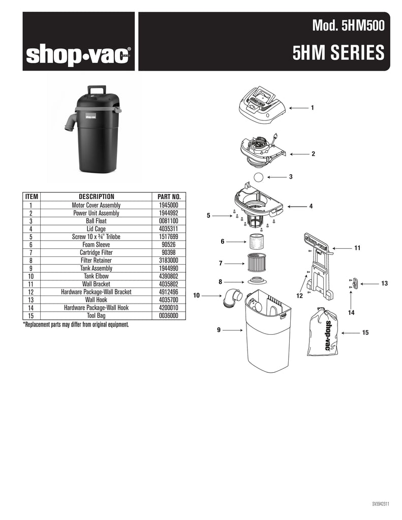 Shop-Vac Parts List for 5HM500 Models (5 Gallon* Black Wall Mount Vac w/ Red Accents)