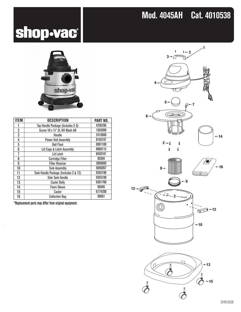 Shop-Vac Parts List for 4045AH Models (Shop-Vac 5 Gallon* 4.5 Peak HP** Wet/Dry Vacuum)